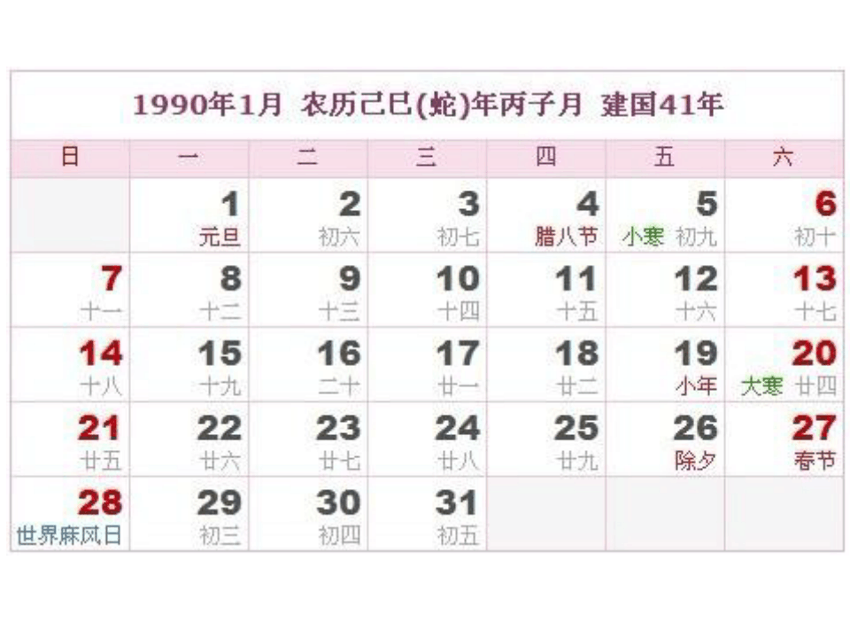1990年阳历农历对照表