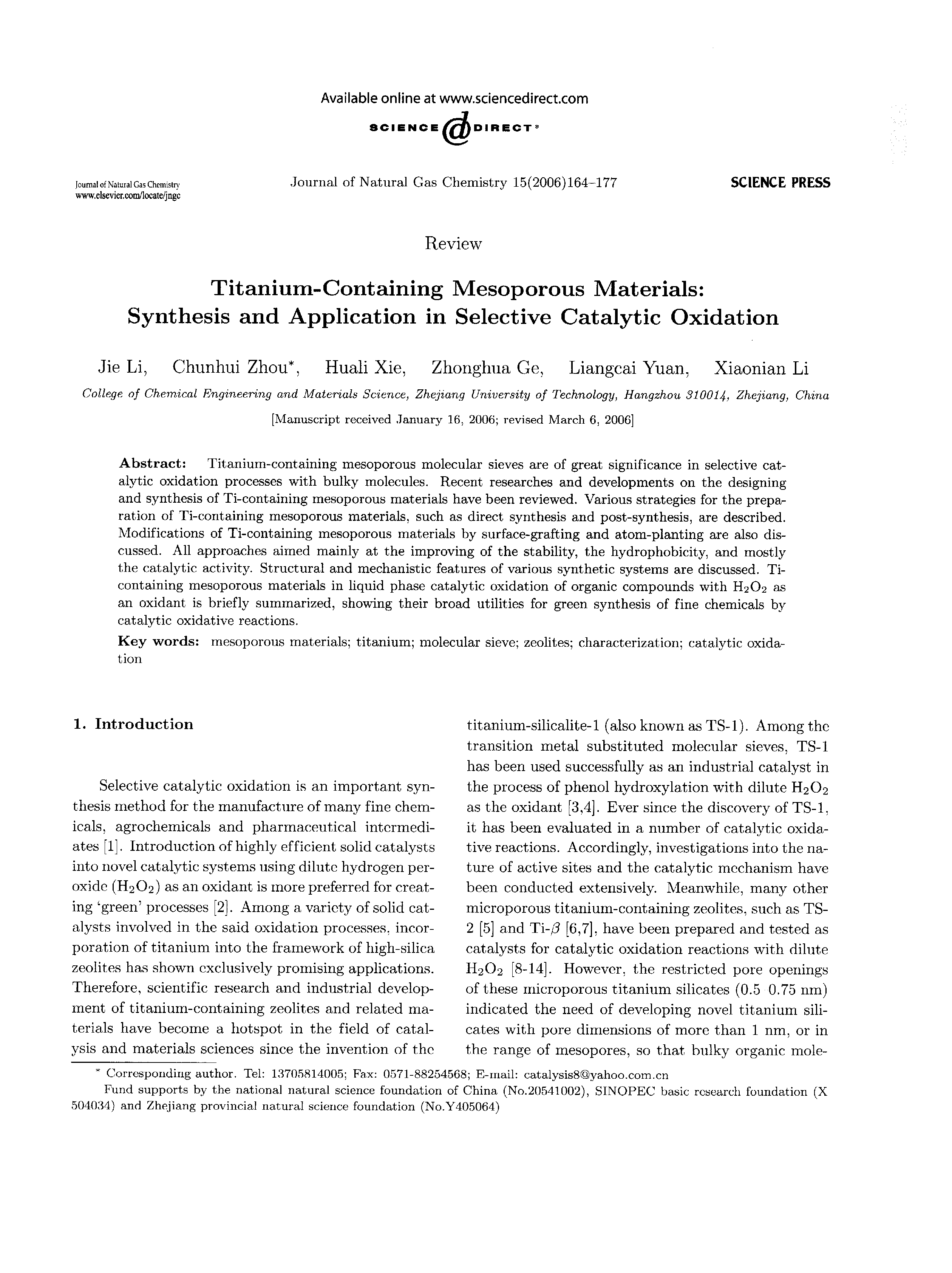 Titanium Containing Mesoporous Materials  Synthesis and Application in Selective Catalytic Oxidation