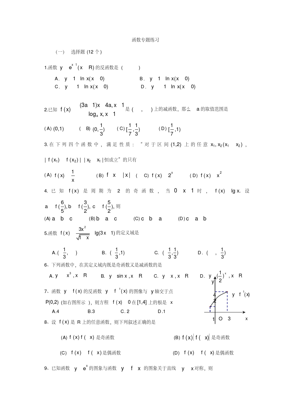 (完整版)高考数学函数专题习题集答案