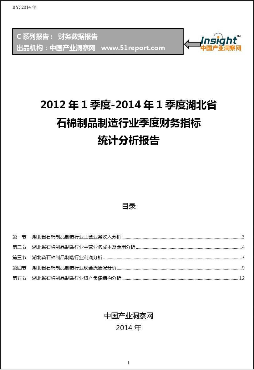 2012-2014年1季度湖北省石棉制品制造行业财务指标分析季报