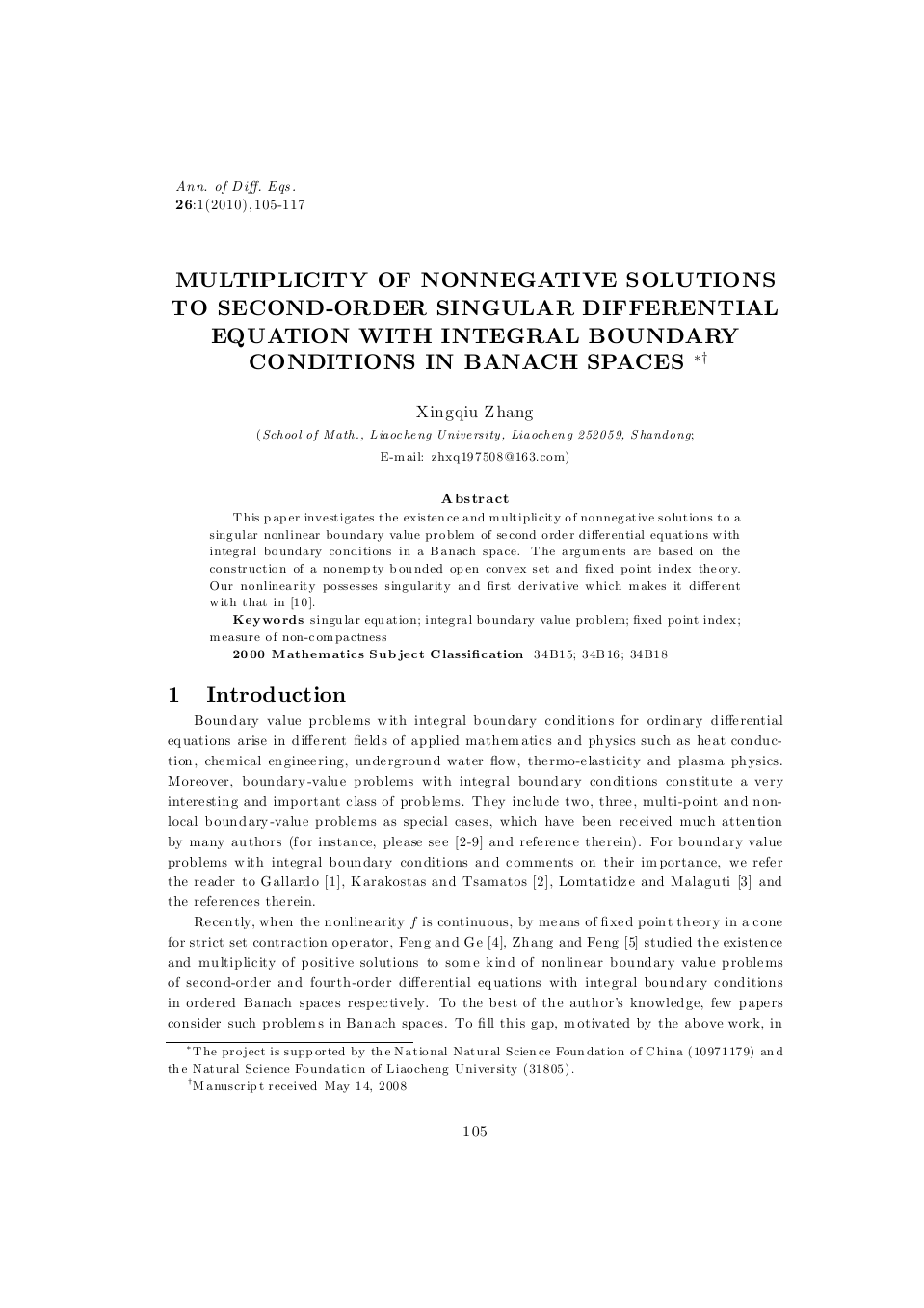 MULTIPLICITY OF NONNEGATIVE SOLUTIONS TO SECOND-ORDER SINGULAR DIFFERENTIAL EQUATION WITH INTEGR