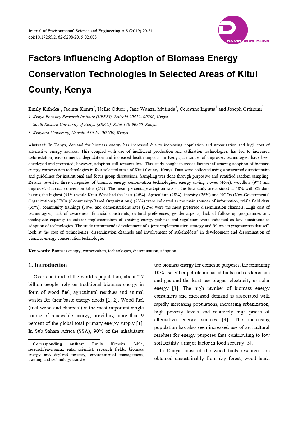 Factors Influencing Adoption of Biomass Energy Conservation Technologies in Selected Areas