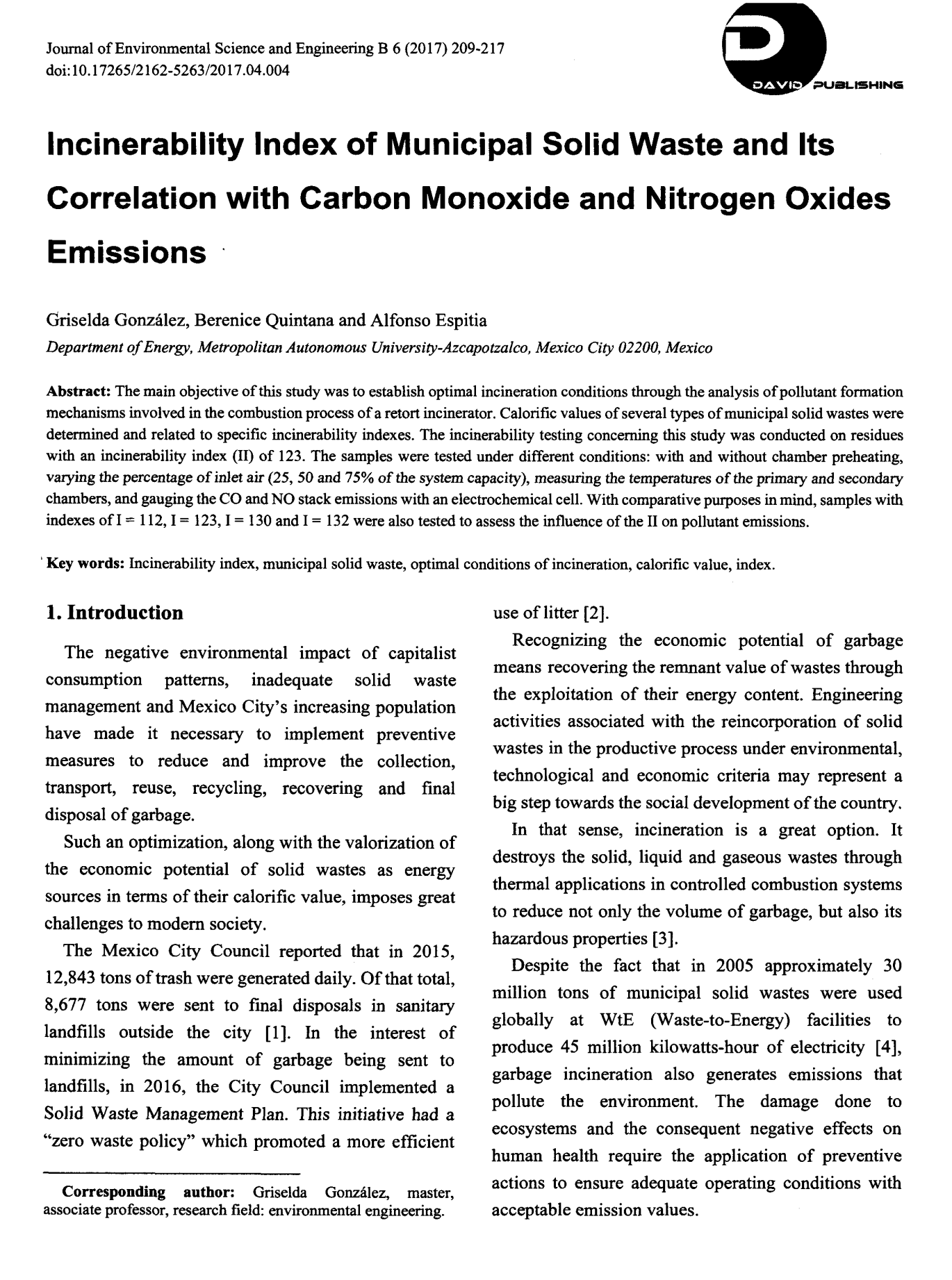 Incinerability Index of Municipal Solid Waste and Its Correlation with Carbon Monoxide and
