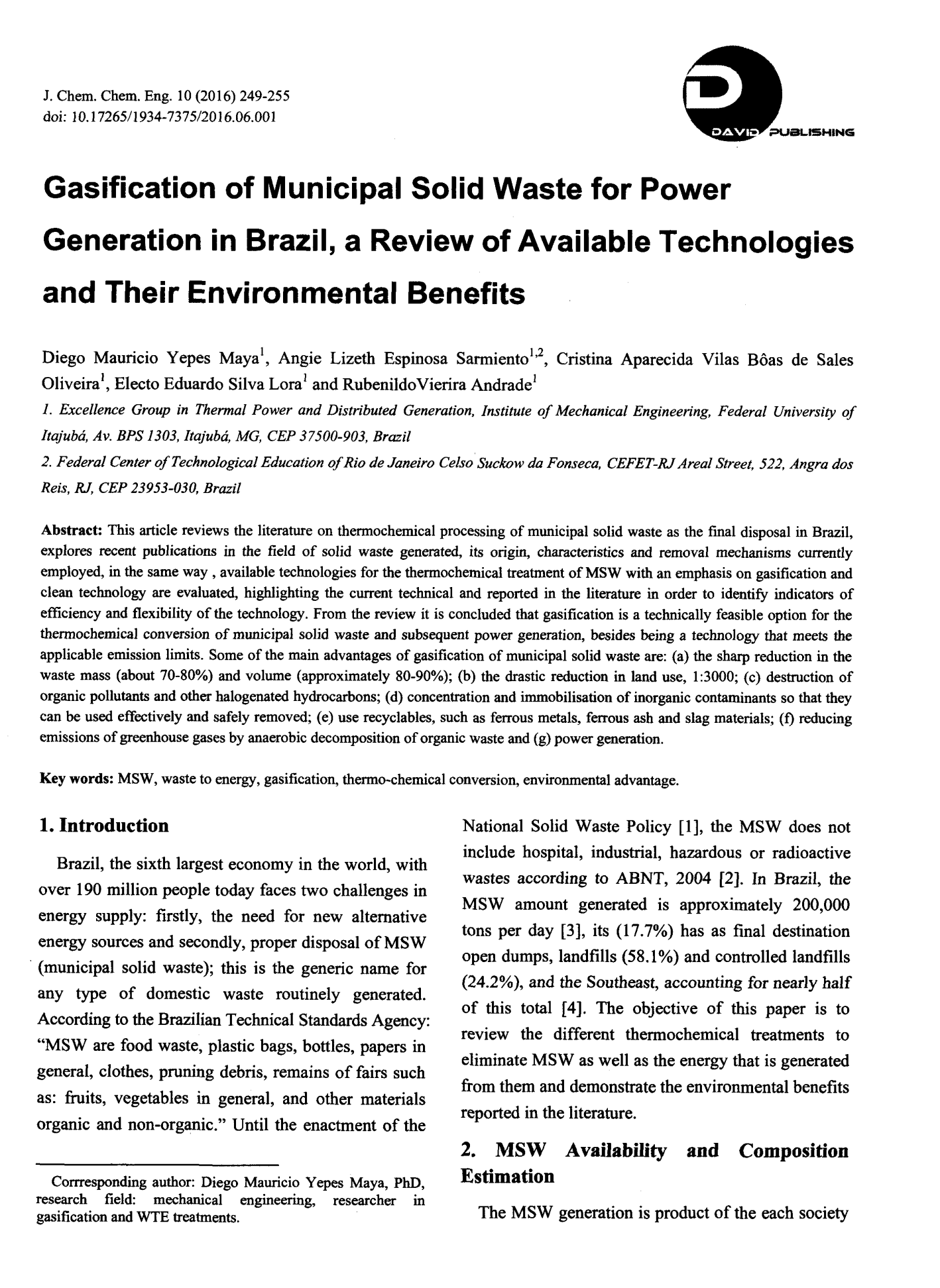 Gasification of Municipal Solid Waste for Power Generation in Brazil a Review of Available