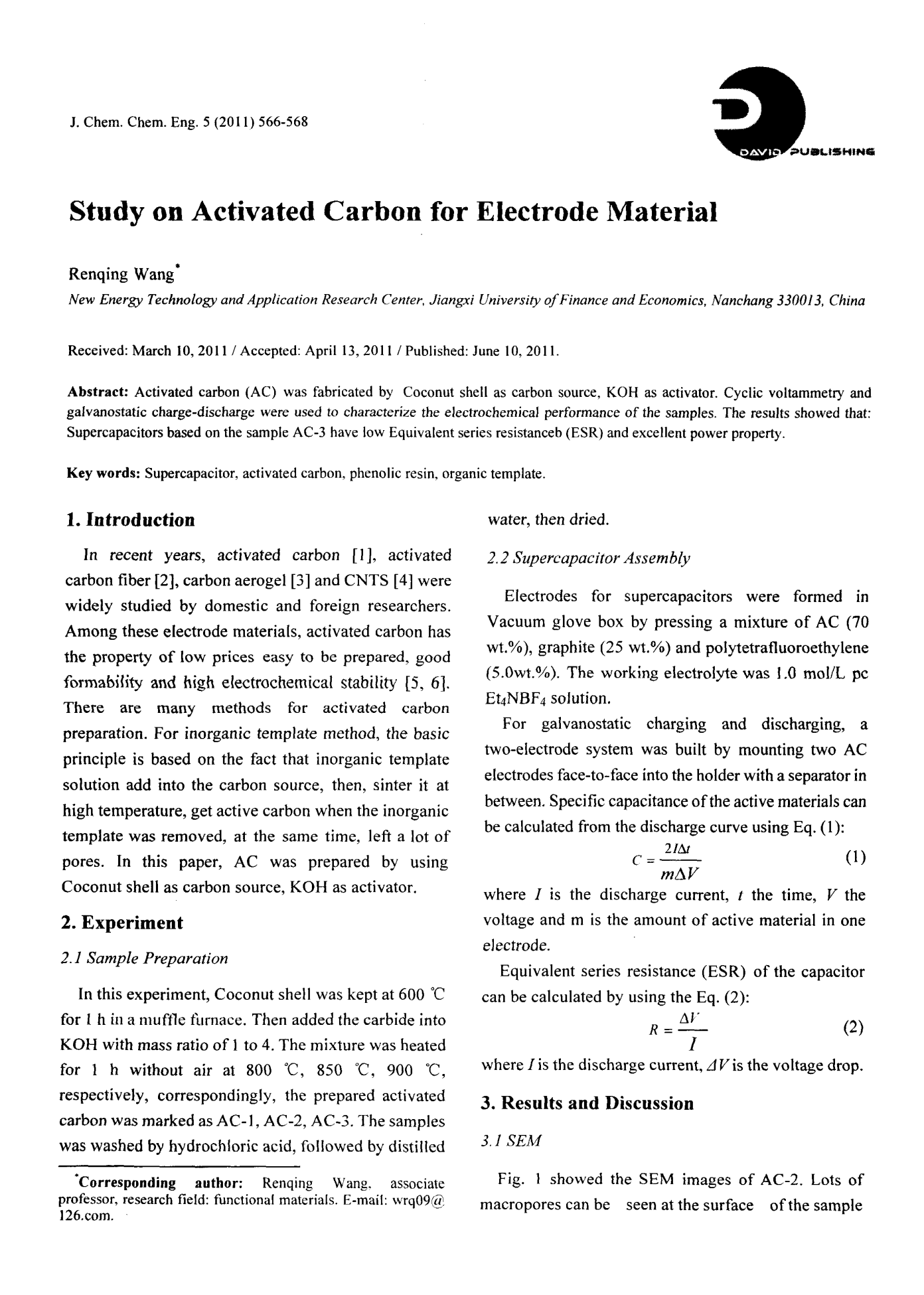 Study on Activated Carbon for Electrode Material