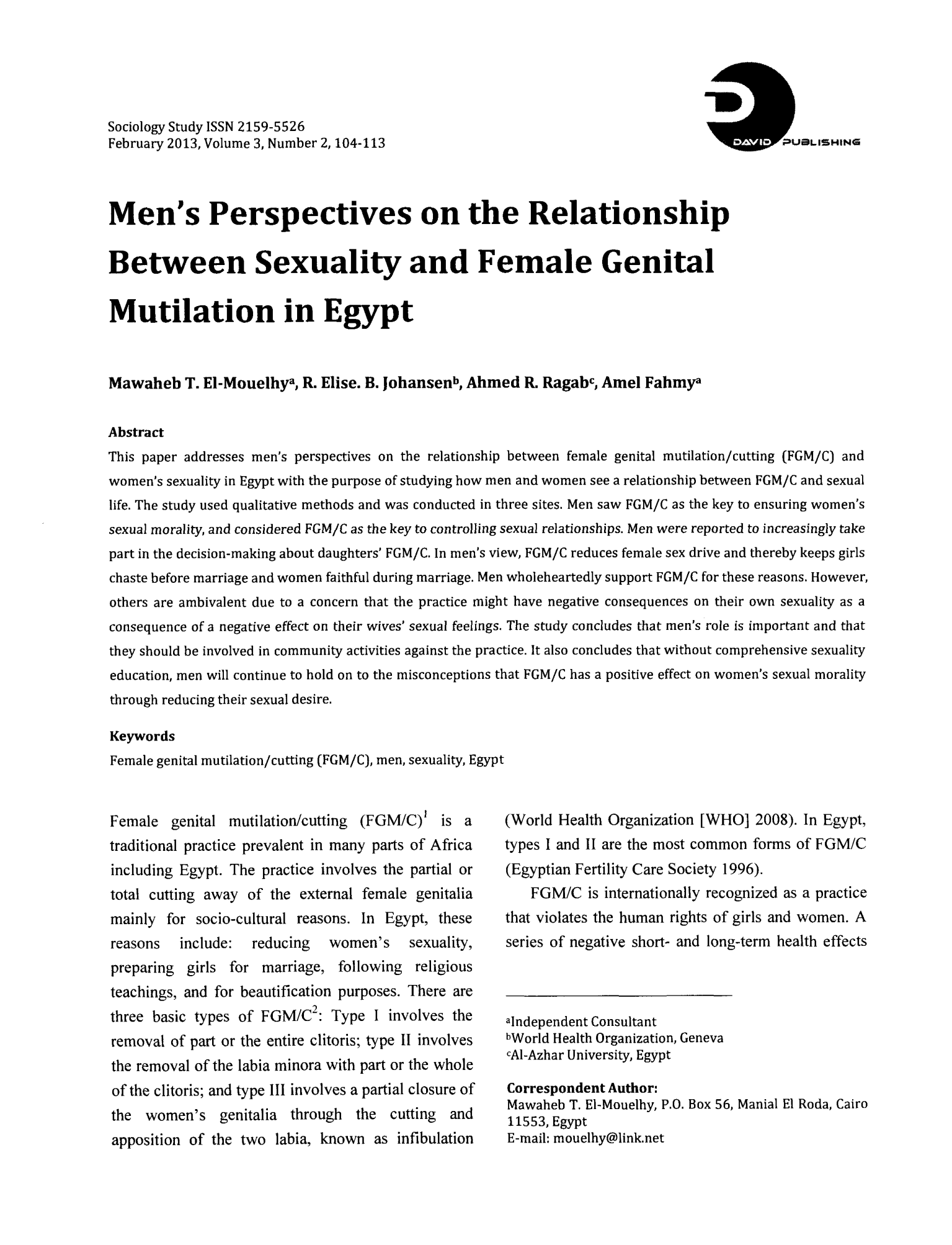 Men's Perspectives on the Relationship Between Sexuality and Female Genital Mutilation in Egypt