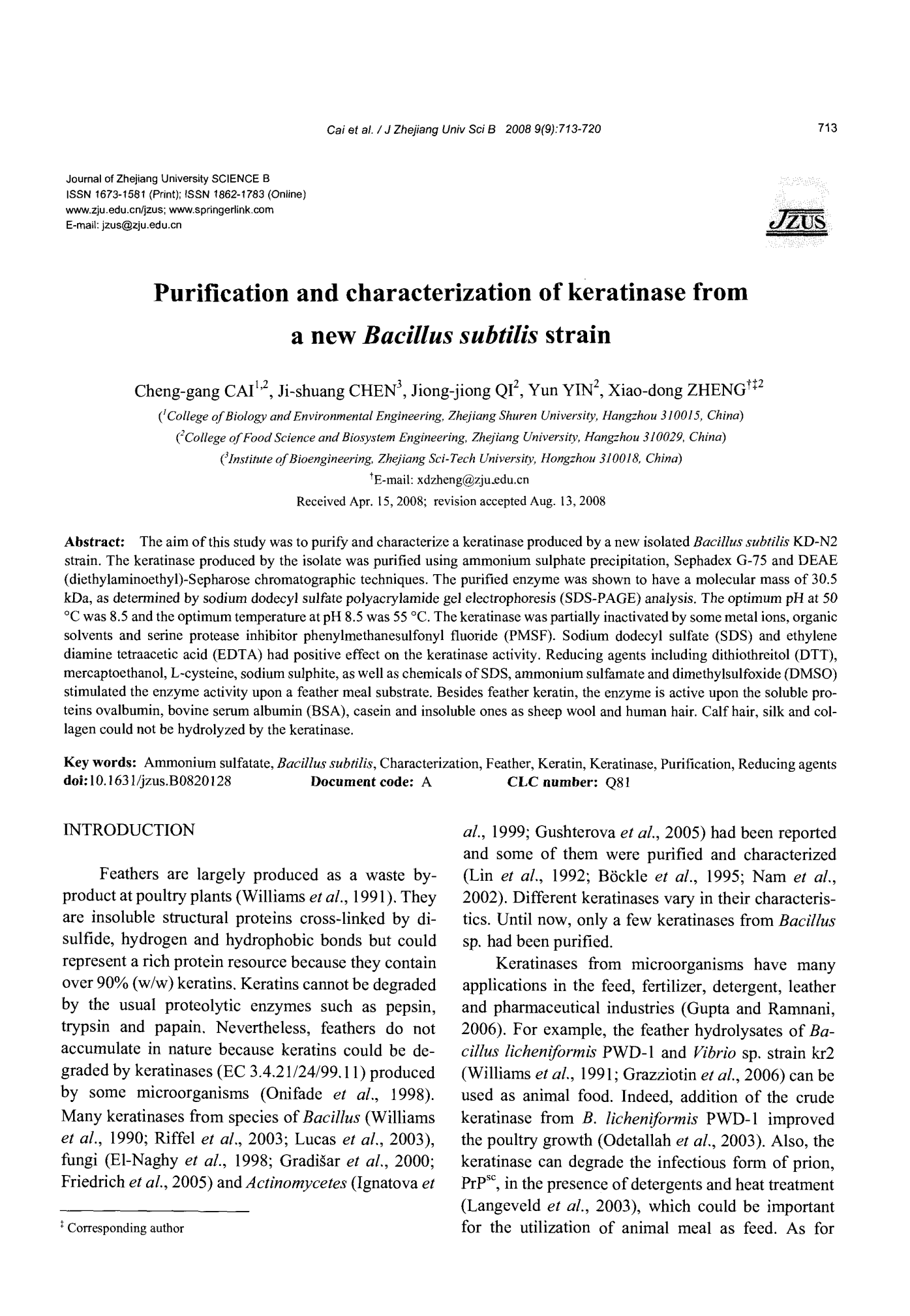 Purification and characterization of keratinase from a new Bacillus subtilis strain