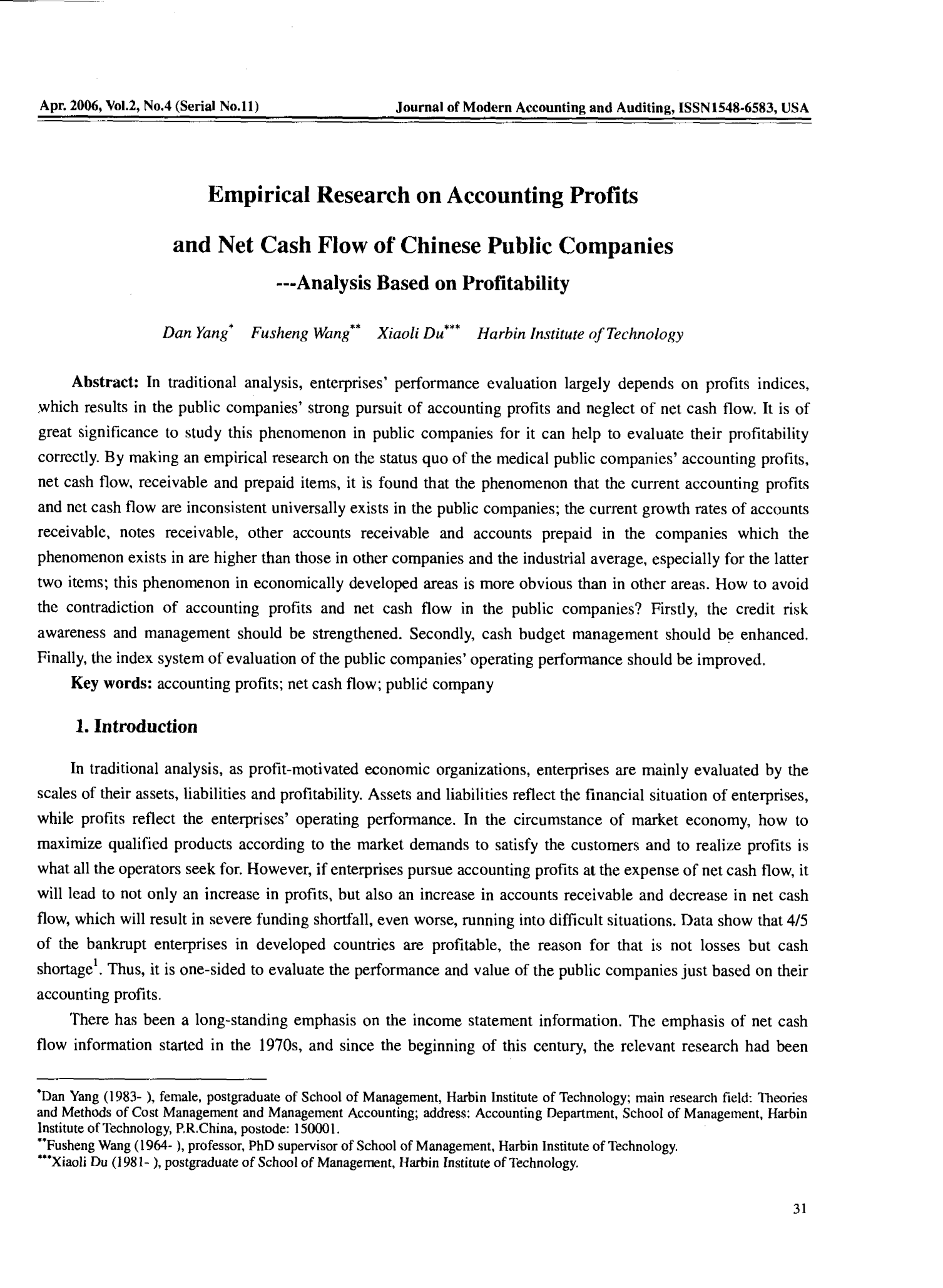 Empirical Research on Accounting Profits and Net Cash Flow of Chinese Public Companies ——Analysis