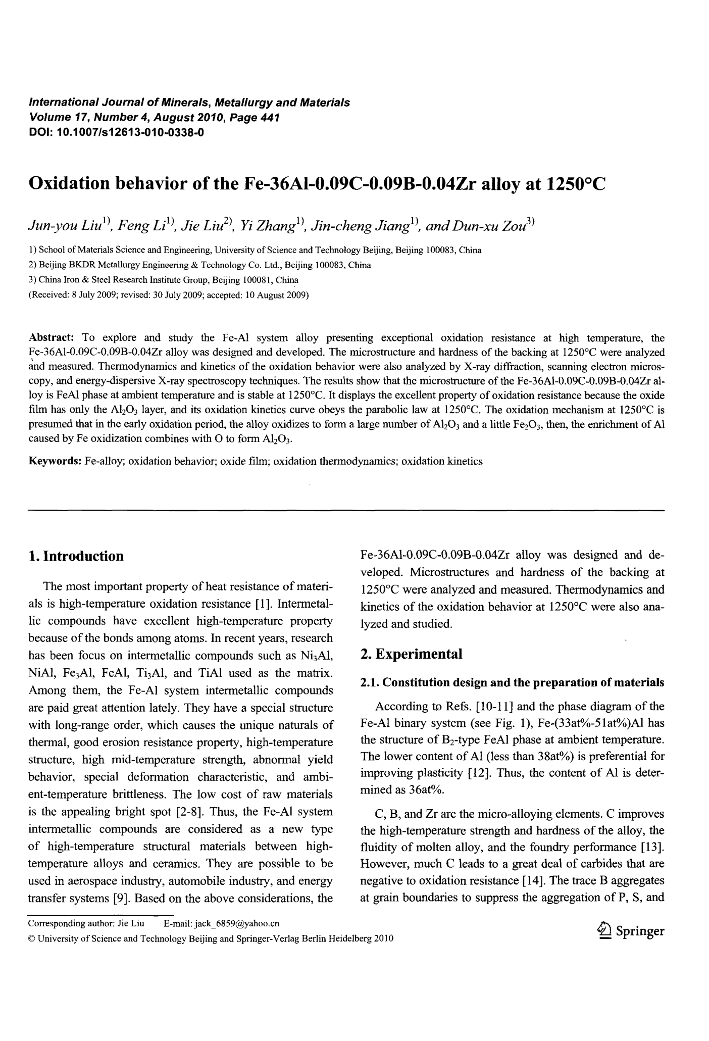 Oxidation behavior of the Fe-36AI-0.09C-0.09B-0.04Zr alloy at 1250℃