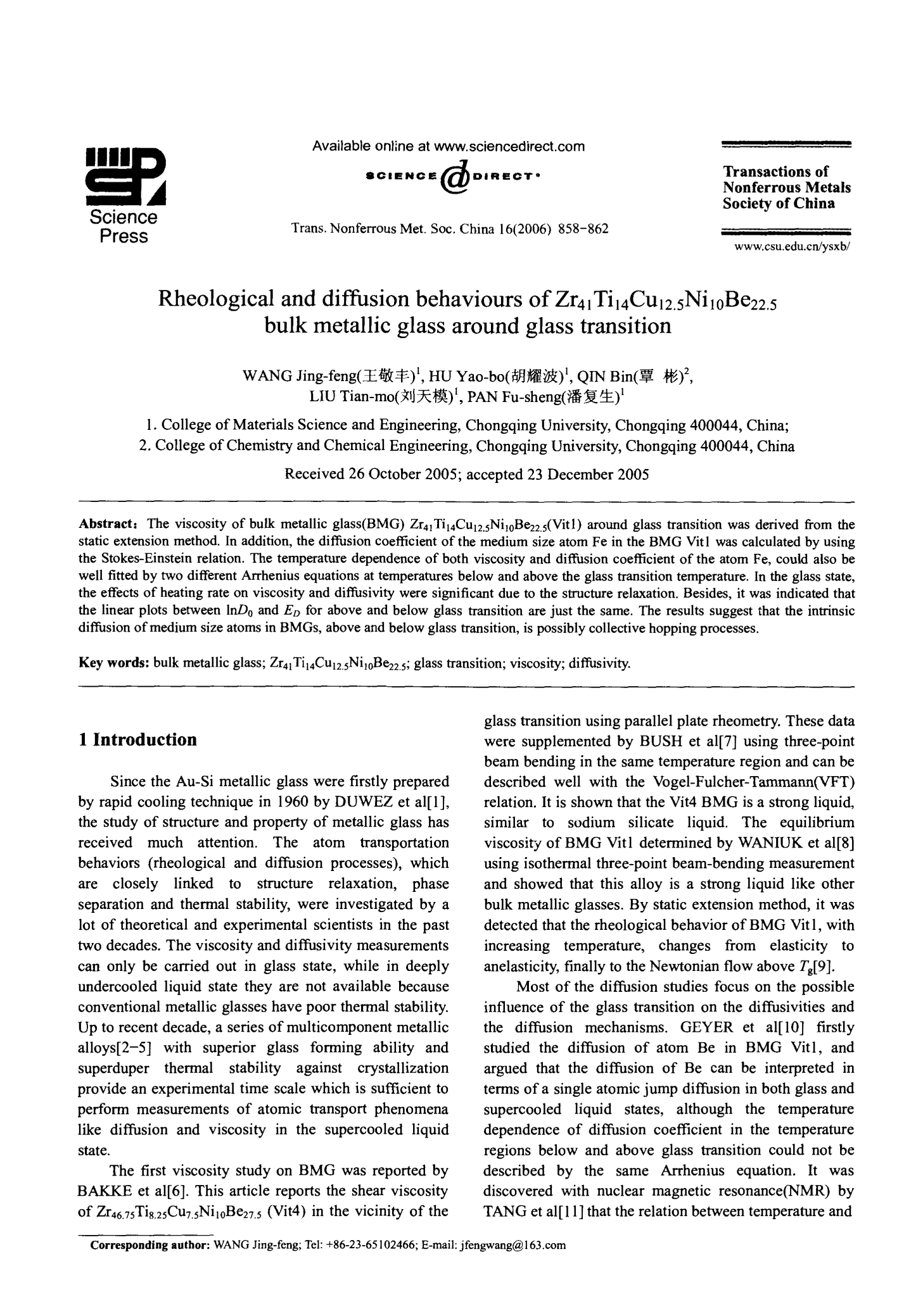 Rheological and diffusion behaviours of Zr41Ti14Cu12.5Ni10Be22.5  bulk metallic glass around gla