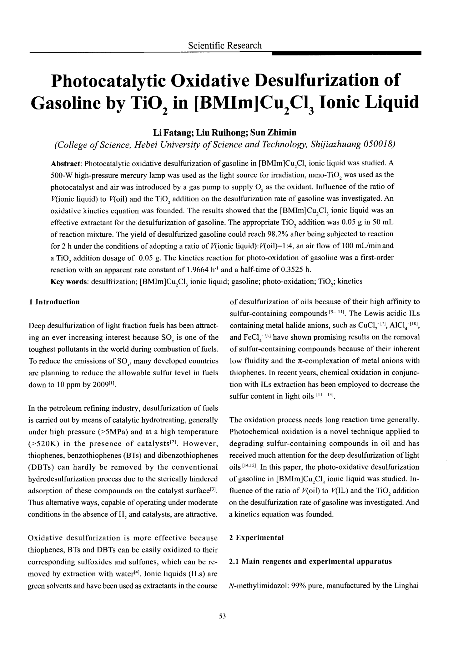 Photocatalytic Oxidative Desulfurization of Gasoline by TiO2 in [BMIm]Cu2Cl3 Ionic Liquid