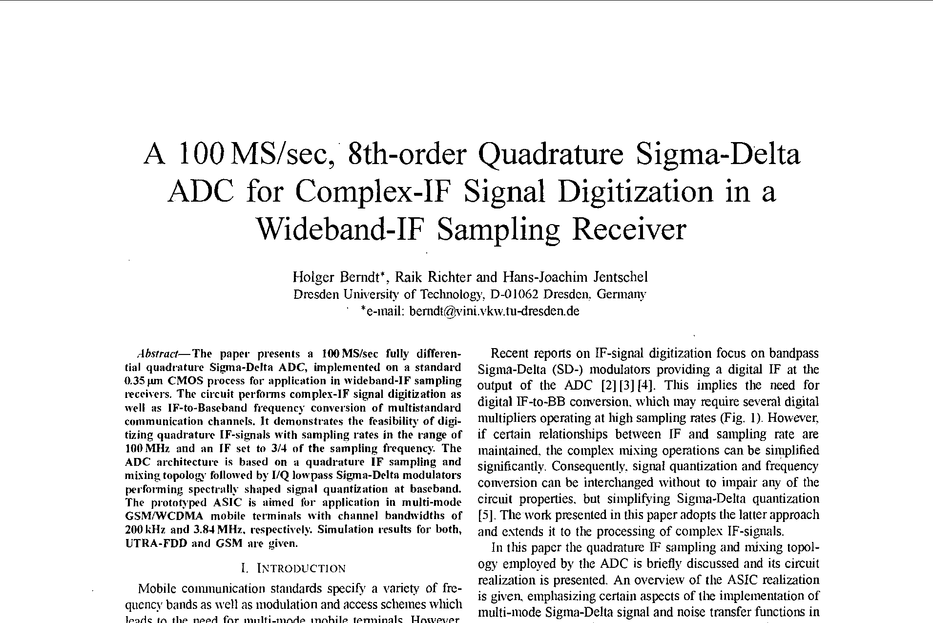 A 100 MSsec, 8th-order Quadrature Sigma-Delta ADC for Complex-IF Signal Digitization