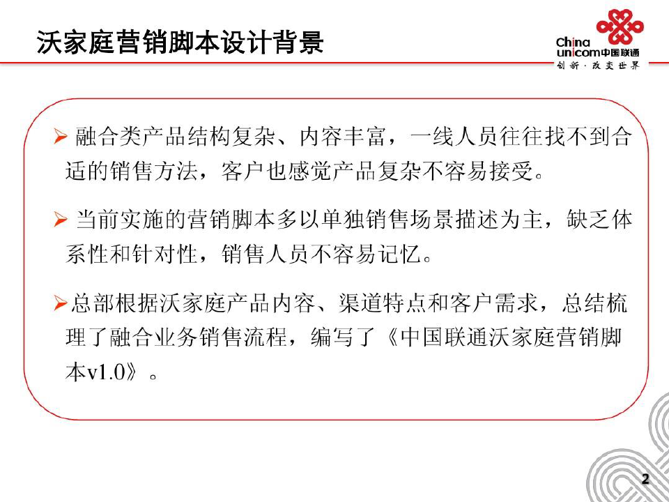 中国联通沃家庭营销脚本设计12-10-培训稿共30页文档