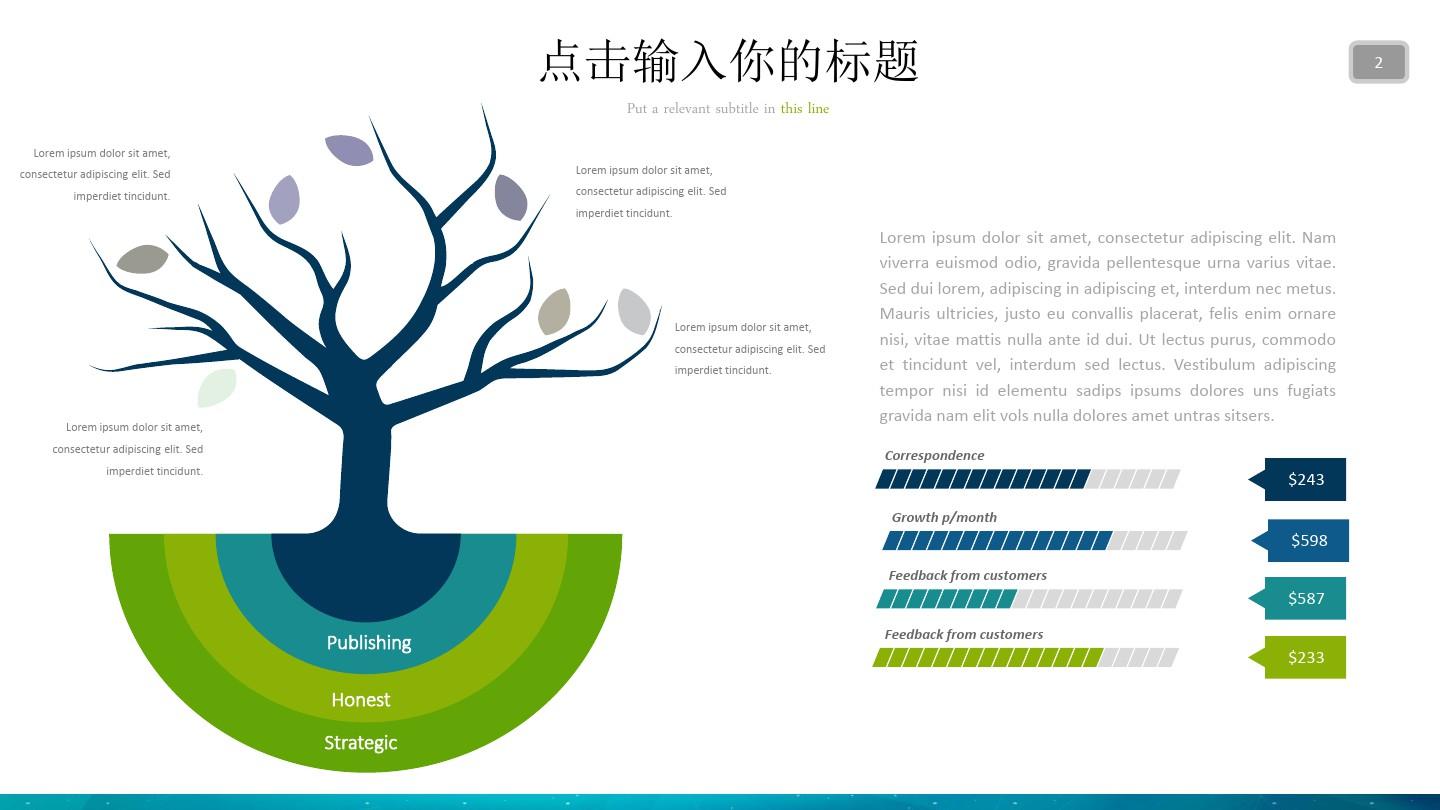 蓝绿配色半环形树枝造型创意图表PPT模板